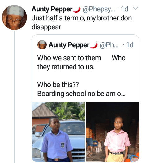 Nigerian lady expresses shock over her brother's weight loss after 2 months at boarding school