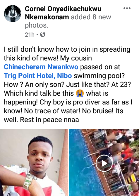 23-year-old only son drowns in Anambra hotel swimming pool