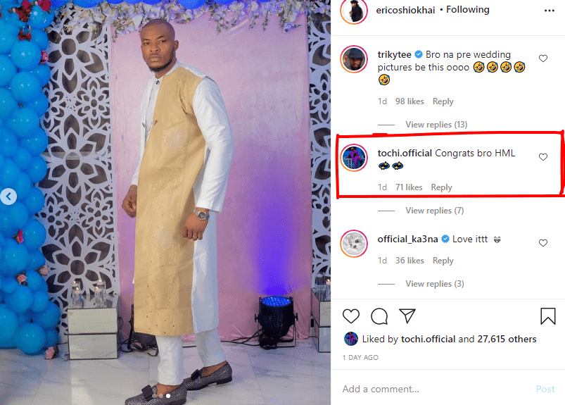 Happy married life - BBN star, Tochi congratulates Eric after his cute photos surfaced online