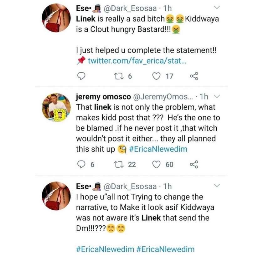 Erica's fans share evidence of Kiddwaya allegedly planning with his manager, Linek to play Erica dirty (Screenshots)