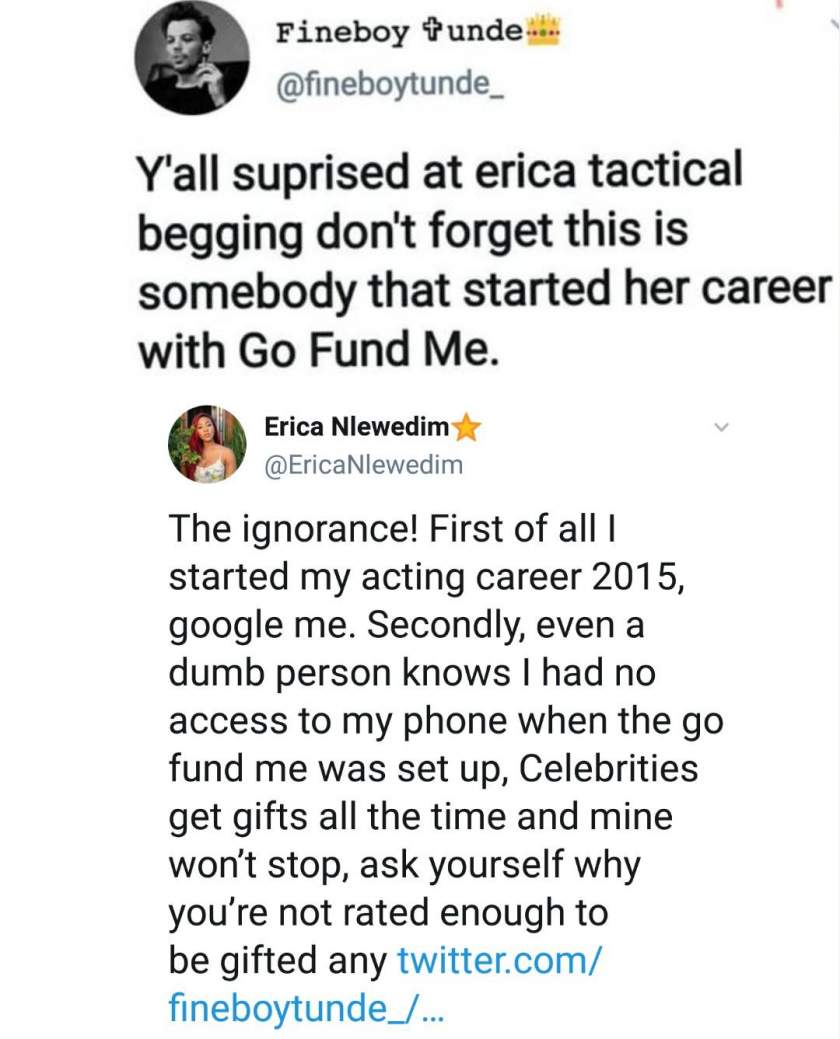 Erica drags man to filth after he called her a beggar who started her career with GoFundMe