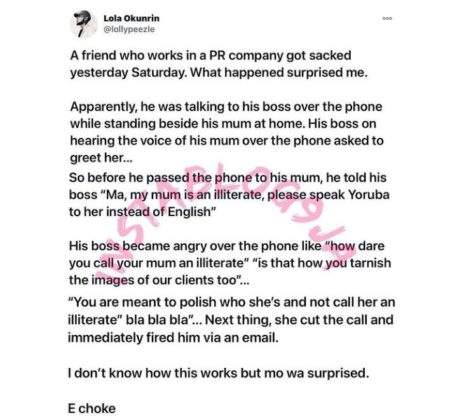 Man Loses His Job For Calling His Mother An Illiterate