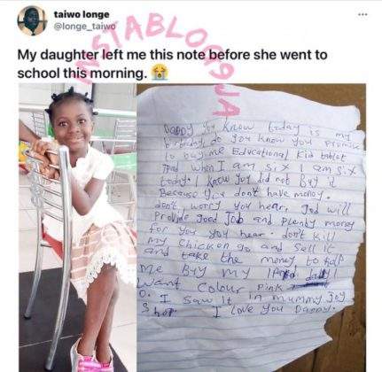 'God will give you a good job and plenty money', 6-year-old girl writes her father an emotional note on her birthday