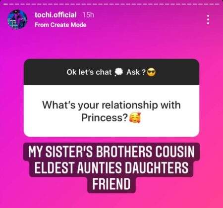 BBNaija's Tochi finally reacts to viral dating rumours with Princess