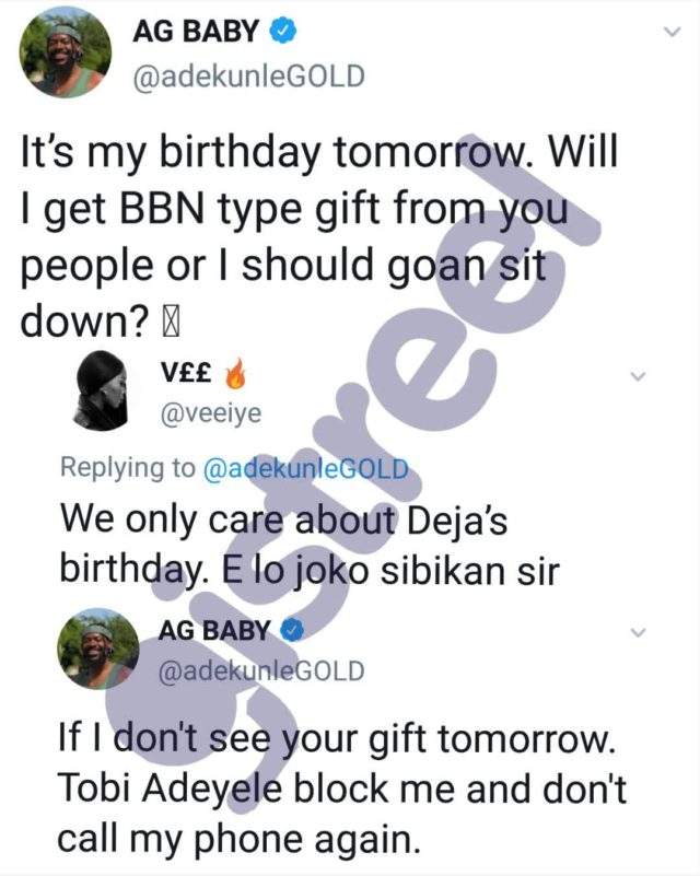 Adekunle Gold issues strong warning to Vee after she tackled him for requesting birthday gift like BBNaija housemates (Screenshot)