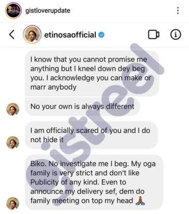 Alleged leaked chat of Etinosa begging for face of her daughter's father not to be revealed