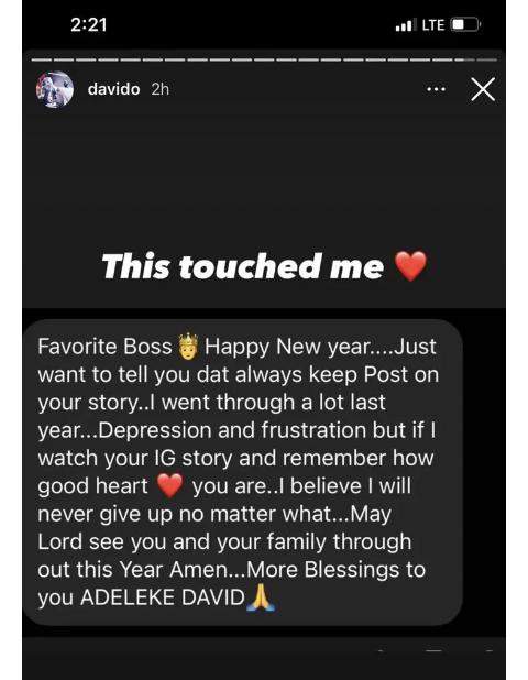 Davido shares emotional story of a fan who survived depression because of him
