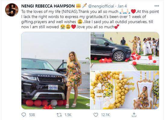 Nengi pens appreciation note to fans for buying her a Range Rover