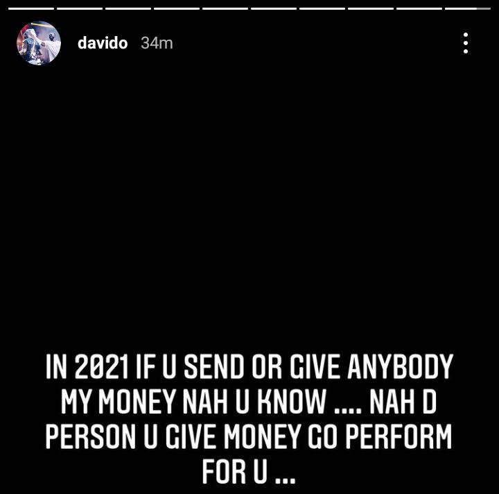'If you send anybody my money, na the person go perform for you' - Davido issues warning to show promoters