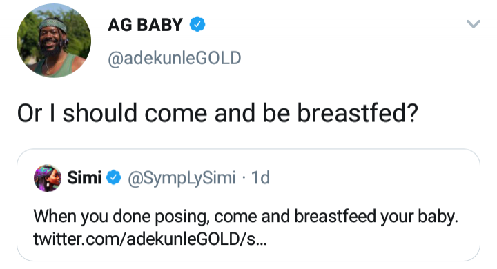 Simi Reacts As Adekunle Asks Her To Breastfeed Him