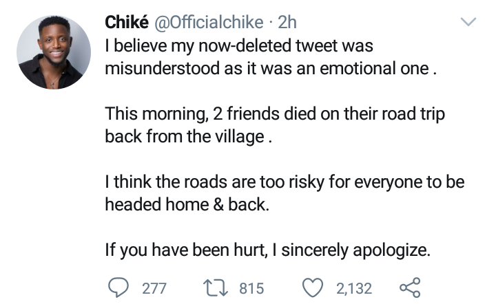 Singer, Chike apologizes to Eastern Nigerians for calling them primitive