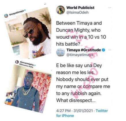 'Don't ever compare me to any rubbish again' - Timaya blasts man who compared him to Duncan Mighty