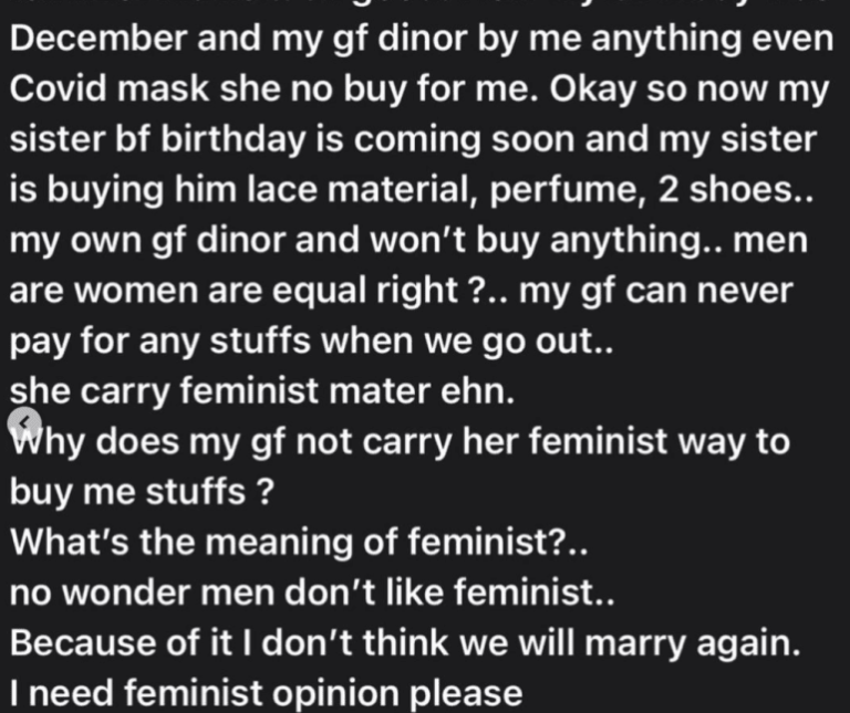 'My feminist girlfriend doesn't like paying for her own bills' - Man laments