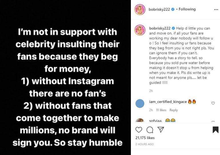 'Insulting fans because they beg is not right' - Bobrisky throws shade