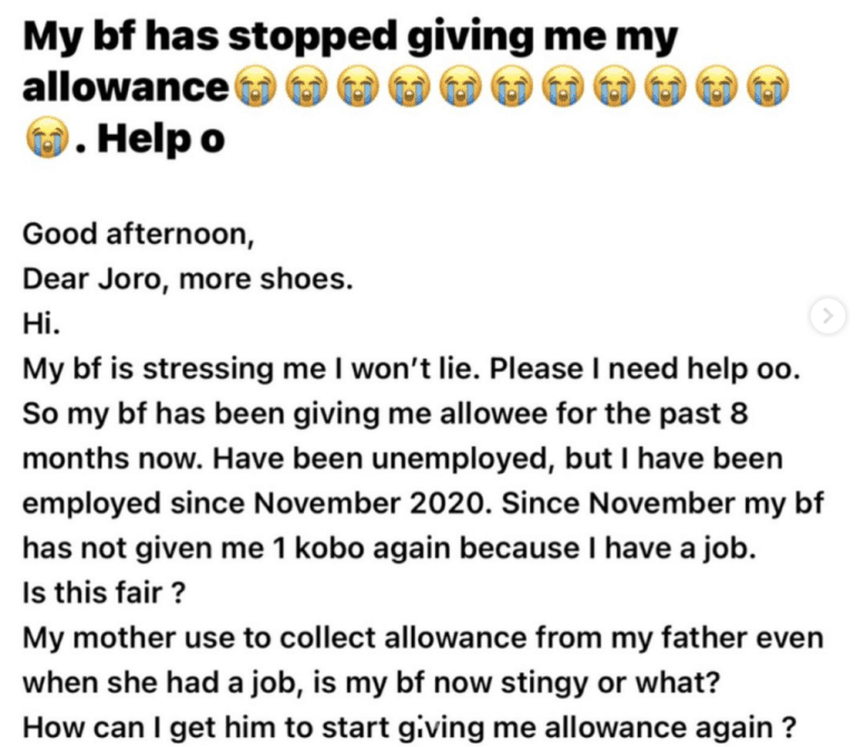'My boyfriend stopped giving me allowance since I got a job' - Lady laments