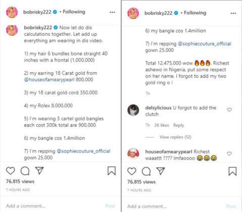 'Richest ashewo' - Bobrisky says while flaunting jewelry worth N12.4M