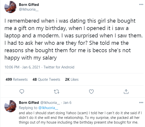 Lady breaks up with man over refusal to do 'yahoo yahoo'