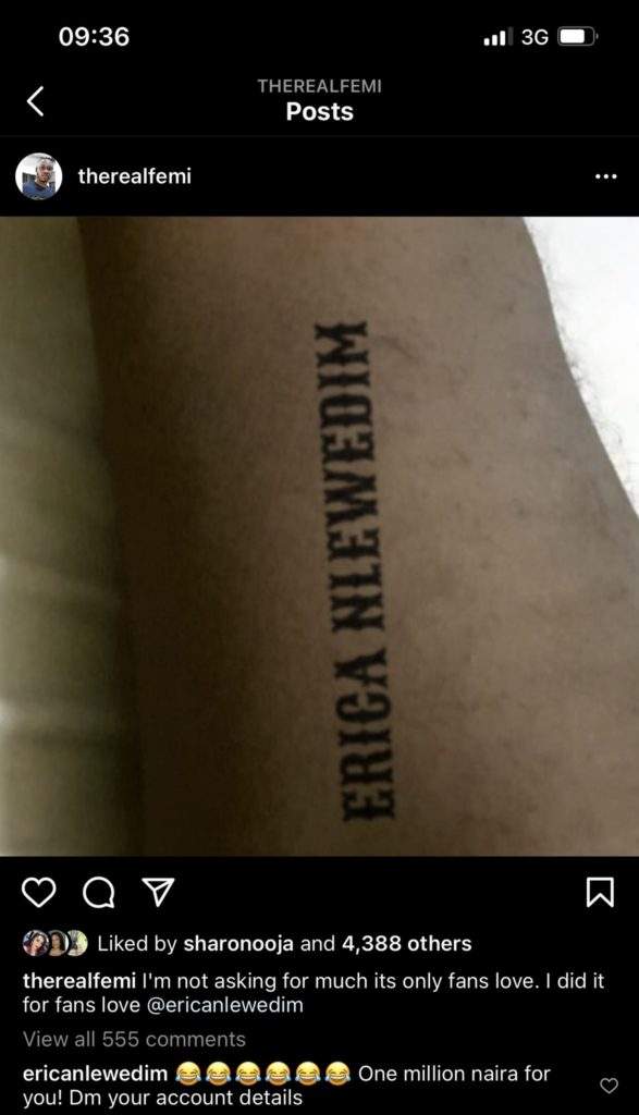 Erica shares conversation she had with a fan who posted a fake tattoo of her name