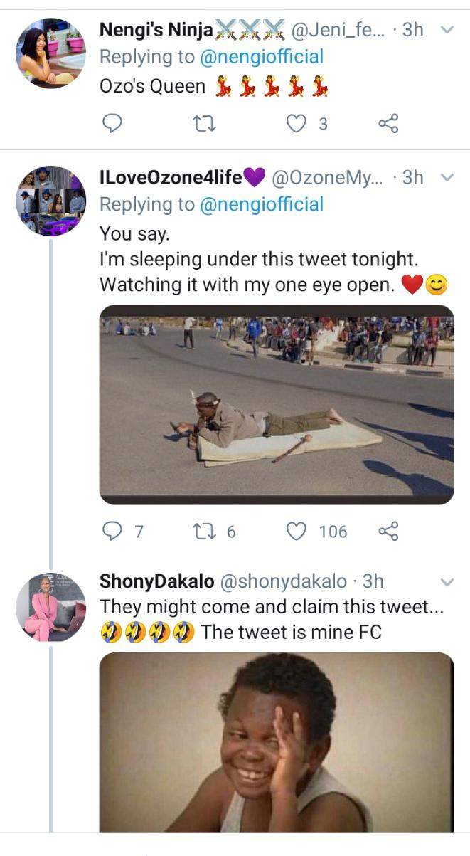'I'm sleeping under this tweet tonight' - Fans react over Nengi's tweet about Ozo