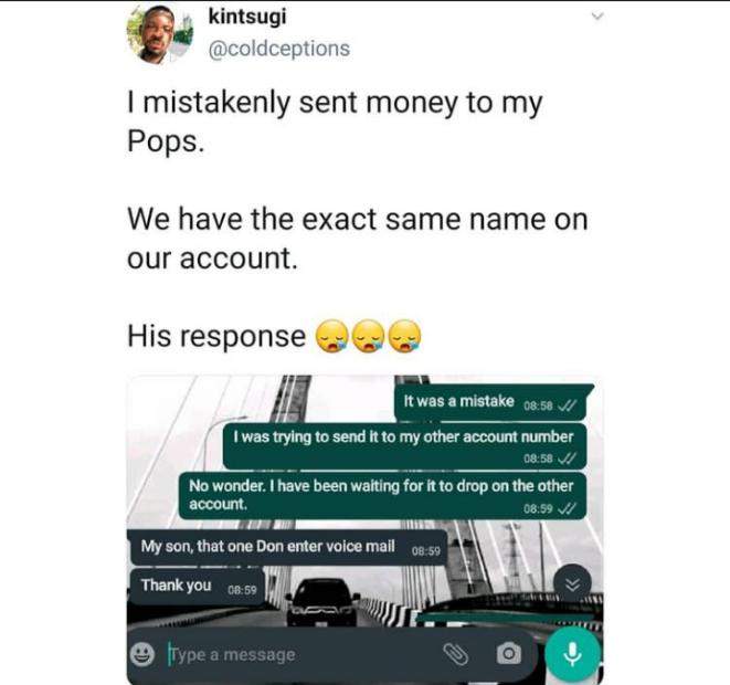 Man shares his father's epic response after he mistakenly transferred to his account