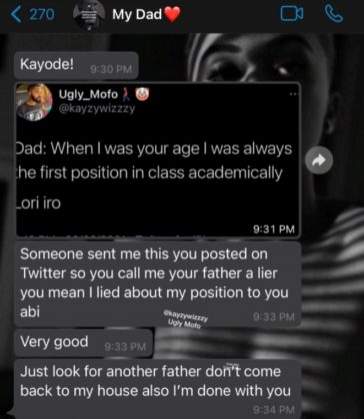 Angry father disowns son after seeing his tweet about him (Screenshot)