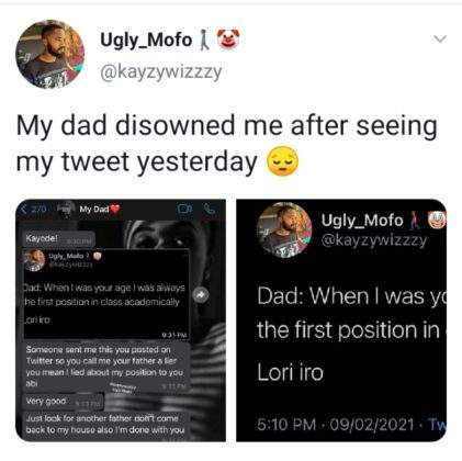 Angry father disowns son after seeing his tweet about him (Screenshot)