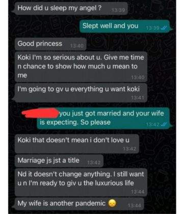 'My wife is another pandemic' - Lady shares chat with married man wooing her