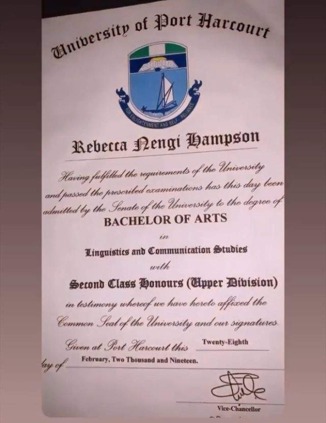 Nengi's original certificate showing her result from UNIPORT surfaces (Screenshot)