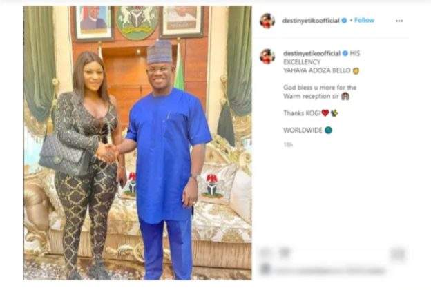 'You went to seduce him' - Nigerians drag actress, Destiny Etiko over the outfit she wore to pay Gov, Yahaya Bello a visit