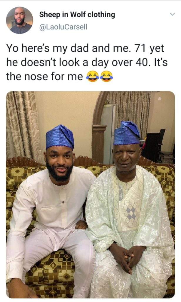 'Yo here's my dad and me, 71 yet he doesn't look a day over 40' - Nigerian man celebrates his father