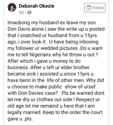 Don Davies father speaks for the first time, as he replies ex-wife for dragging his current wife, Deborah Okezie