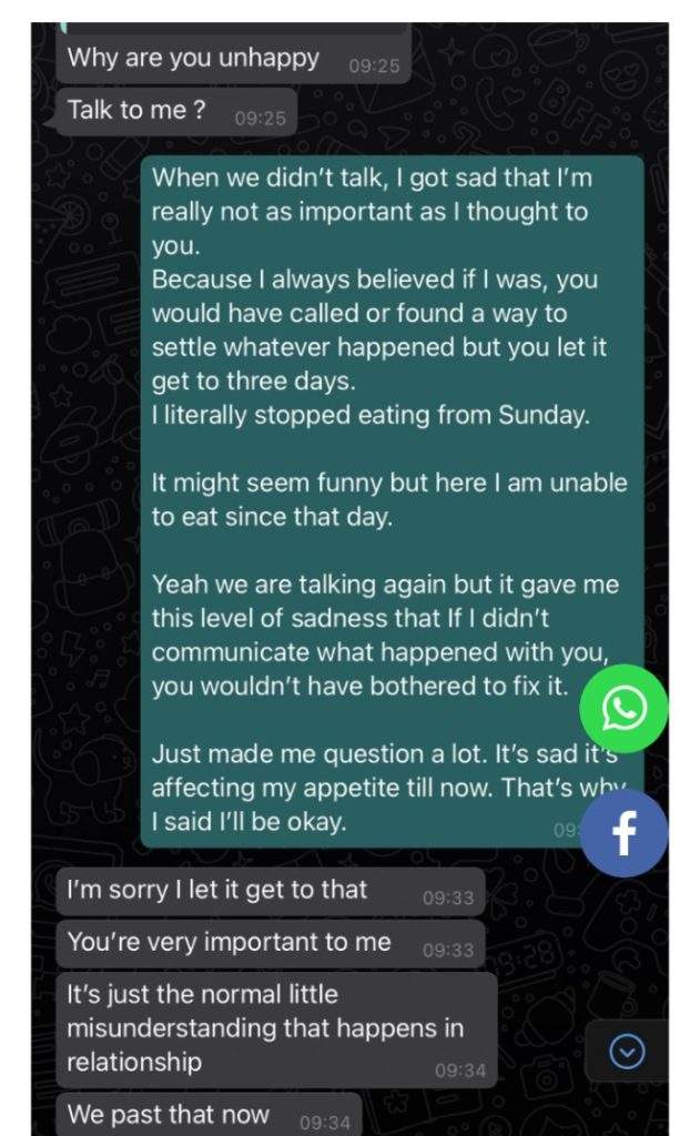 Lady shares chat with boyfriend who made her starve herself for 3 days after a misunderstanding