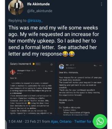 Nigerian Wife Applies For Salary Increment From Her Husband Via Email, Checkout Her Husband's Response (Screenshot)