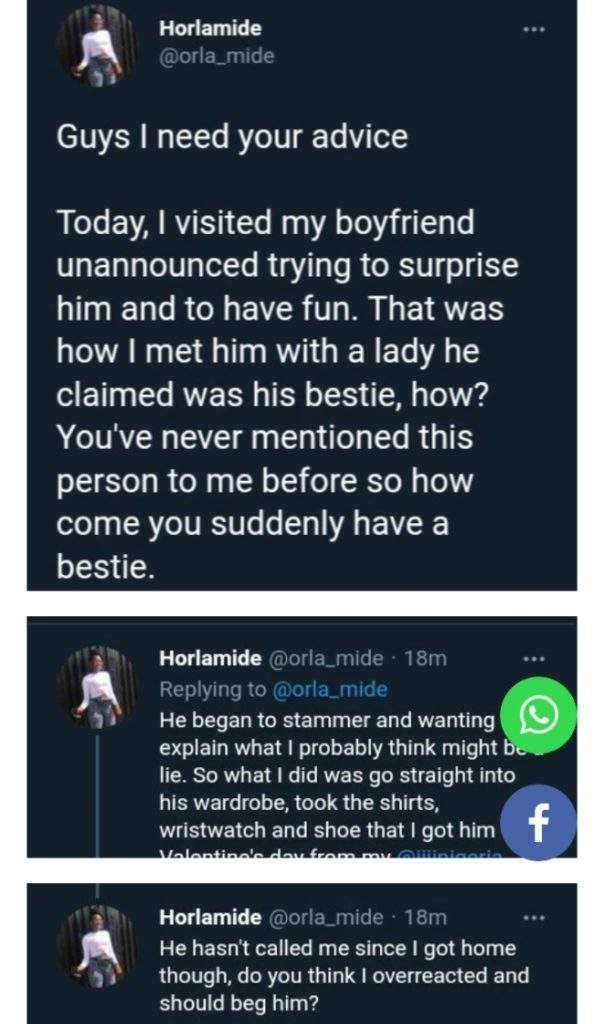 Lady narrates what she did to her boyfriend after she caught him with his 'bestie'