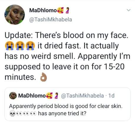 Lady shares her experience after applying period blood on her face for 'clear skin'