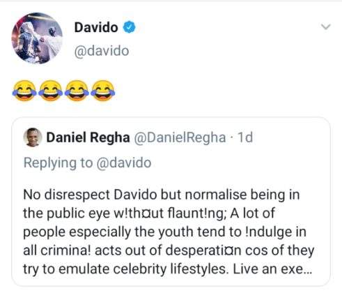 Davido reacts as Twitter user, Daniel Regha warns him to stop showing off his wealth