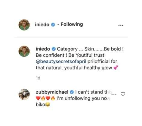 'I can't stand this I'm unfollowing you now' - Zubby Michael tackles Ini Edo (Screenshot)