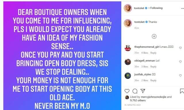 'I can't open my body, no matter how much you pay me' - Tonto Dikeh warns cloth vendors