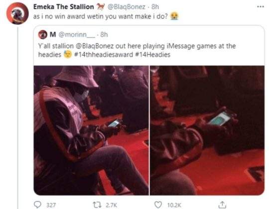 'As I no win nko' - Blaqbonez reacts to backlash of playing mobile games during Headies Awards