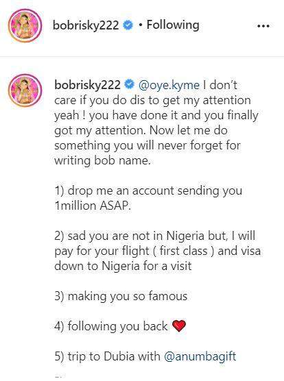 Bobrisky gifts lady who drew tattoo of his full name N1M, trip to Dubai