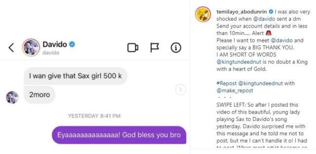 Davido gifts 10 year old saxophonist N500K for playing 'Jowo' track perfectly (Video)