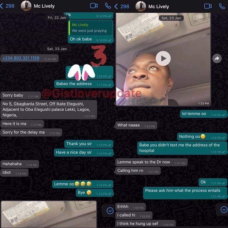 Alleged chat between MC Lively and his 21-year-old girlfriend who allegedly had abortion for him