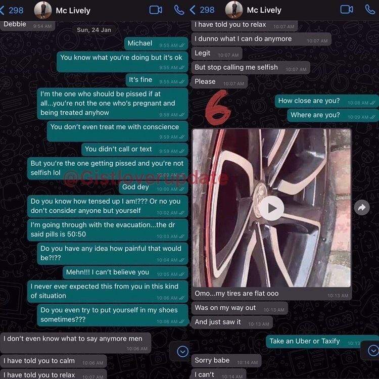 Alleged chat between MC Lively and his 21-year-old girlfriend who allegedly had abortion for him