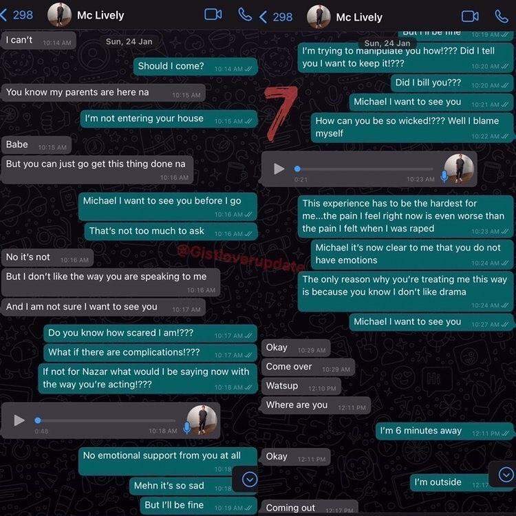 Alleged chat between MC Lively and his 21-year-old girlfriend who allegedly had abortion for him