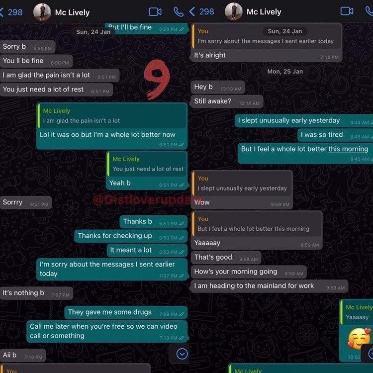 Alleged chat between MC Lively and his 21-year-old girlfriend who allegedly had abortion for him