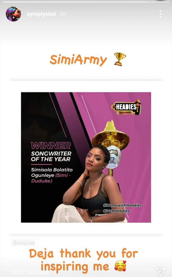 'Thank you for inspiring me' - Simi dedicates Headies Award to her daughter, Deja