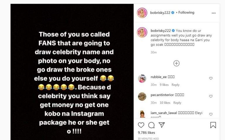 'Don't draw tattoo of any broke celebrity, else na garri you go soak' - Bobrisky advises