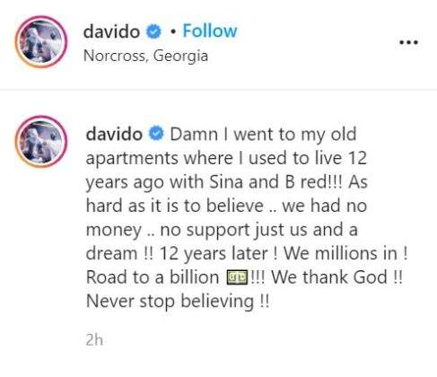 Davido recounts how he was once broke and without support