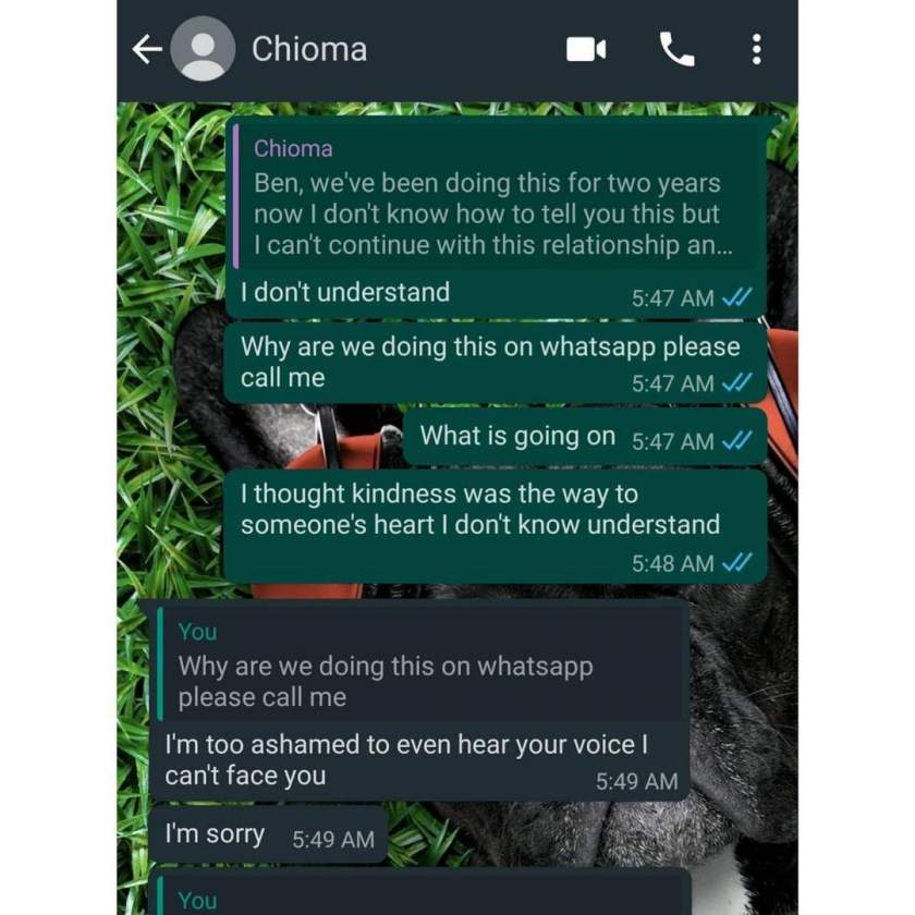 Man shares chat whith girlfriend who broke up with him after years of spending on her and family members