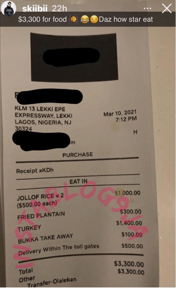 Singer, Skiibii shows off N1.3M receipt spent on food at a restaurant